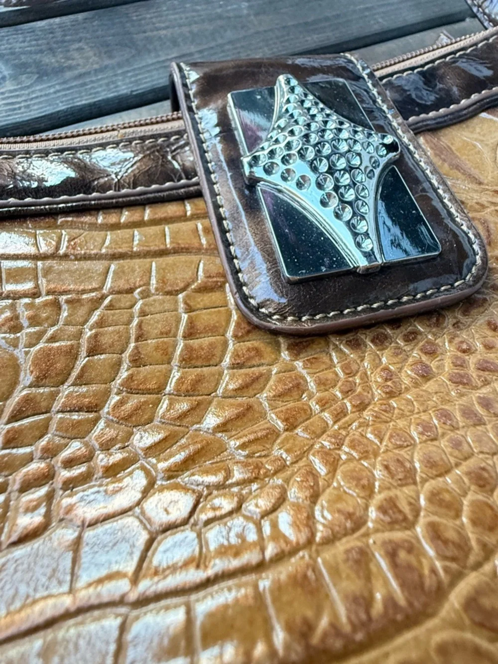 Marc Shantel Brown Faux Crocodile Embossed Crossbody Bag Silver Flap